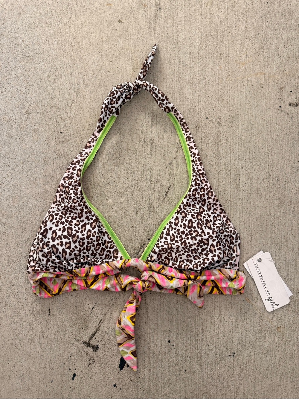 Leopard Print Halter Bikini Top with Neon Trim